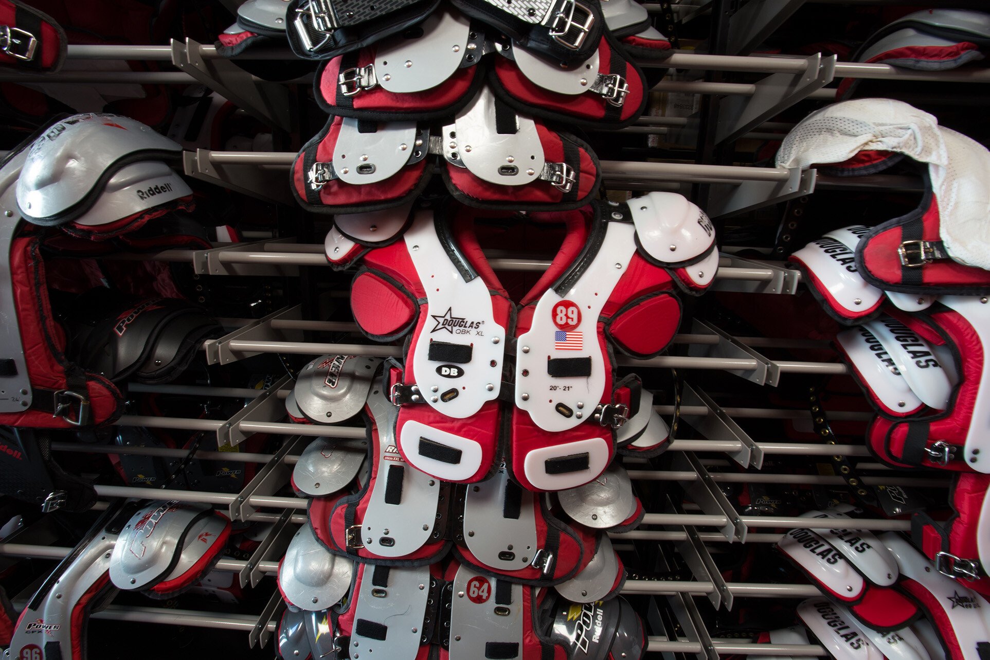 Overhanging football shoulder pad storage at Stanford University (1)