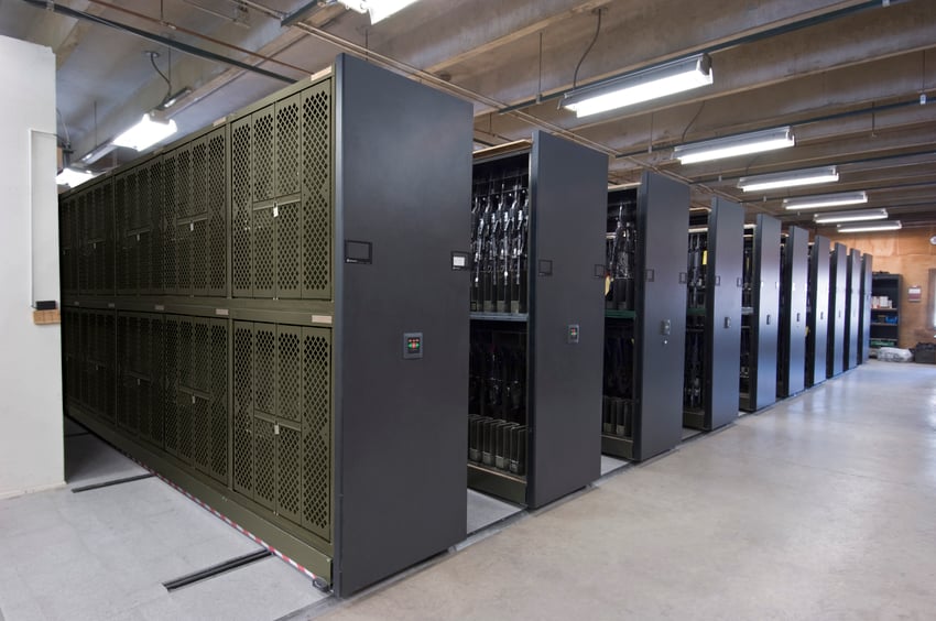 Powered Mobile Storage System with Universal Weapons Rack for Secure Weapon Storage at Military Base