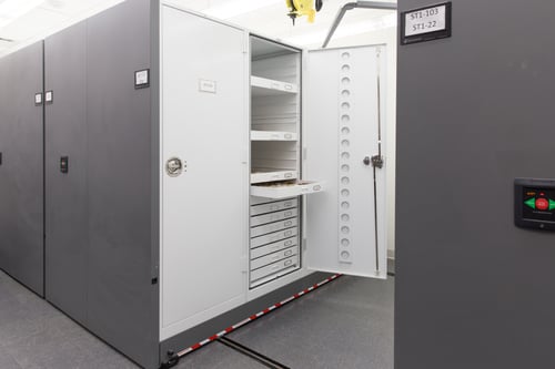 Historic Museum Collection - Museum Storage Cabinets on  Mobile Shelving with Flat File Pull out drawers.