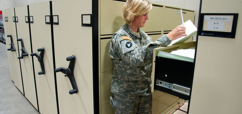 File Storage for Military Equipment Storage on Mobile Shelving