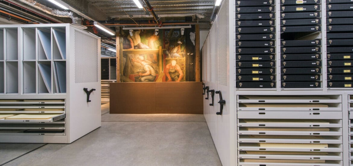 High-density art museum storage on moving shelves system