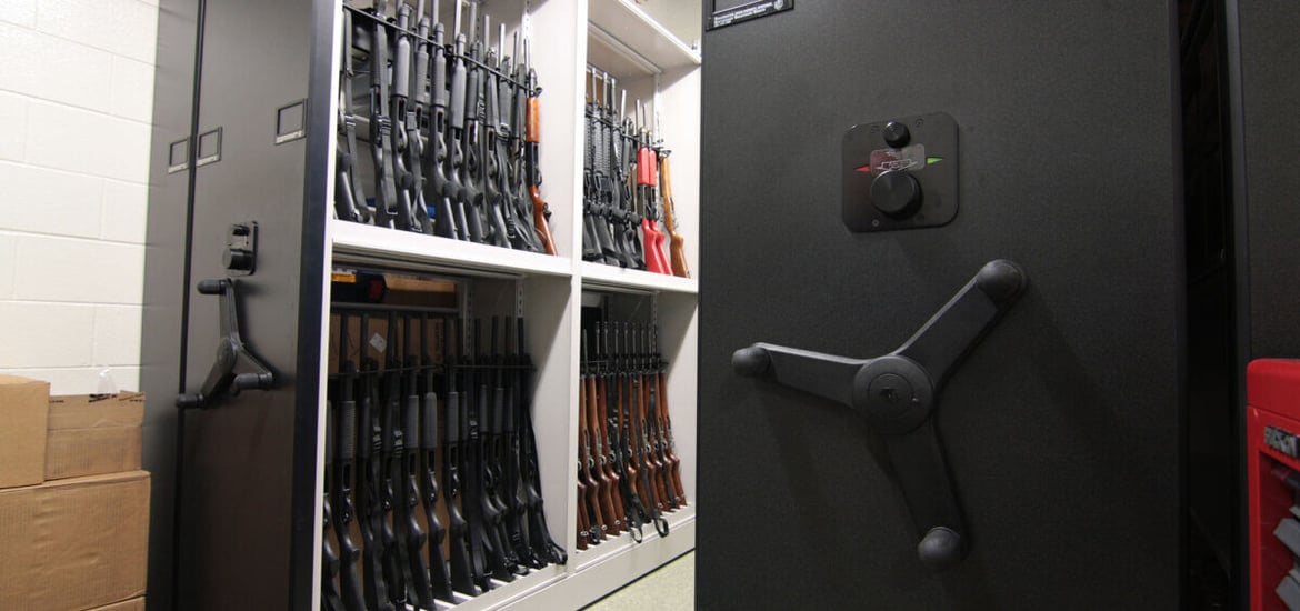 Public Safety Storage Shelving on Mobile Shelving System