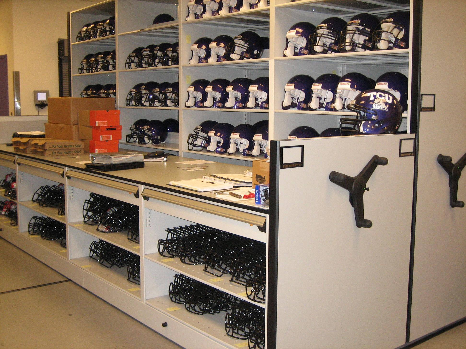 Athletic Equipment Storage on mobile shelving at TCU
