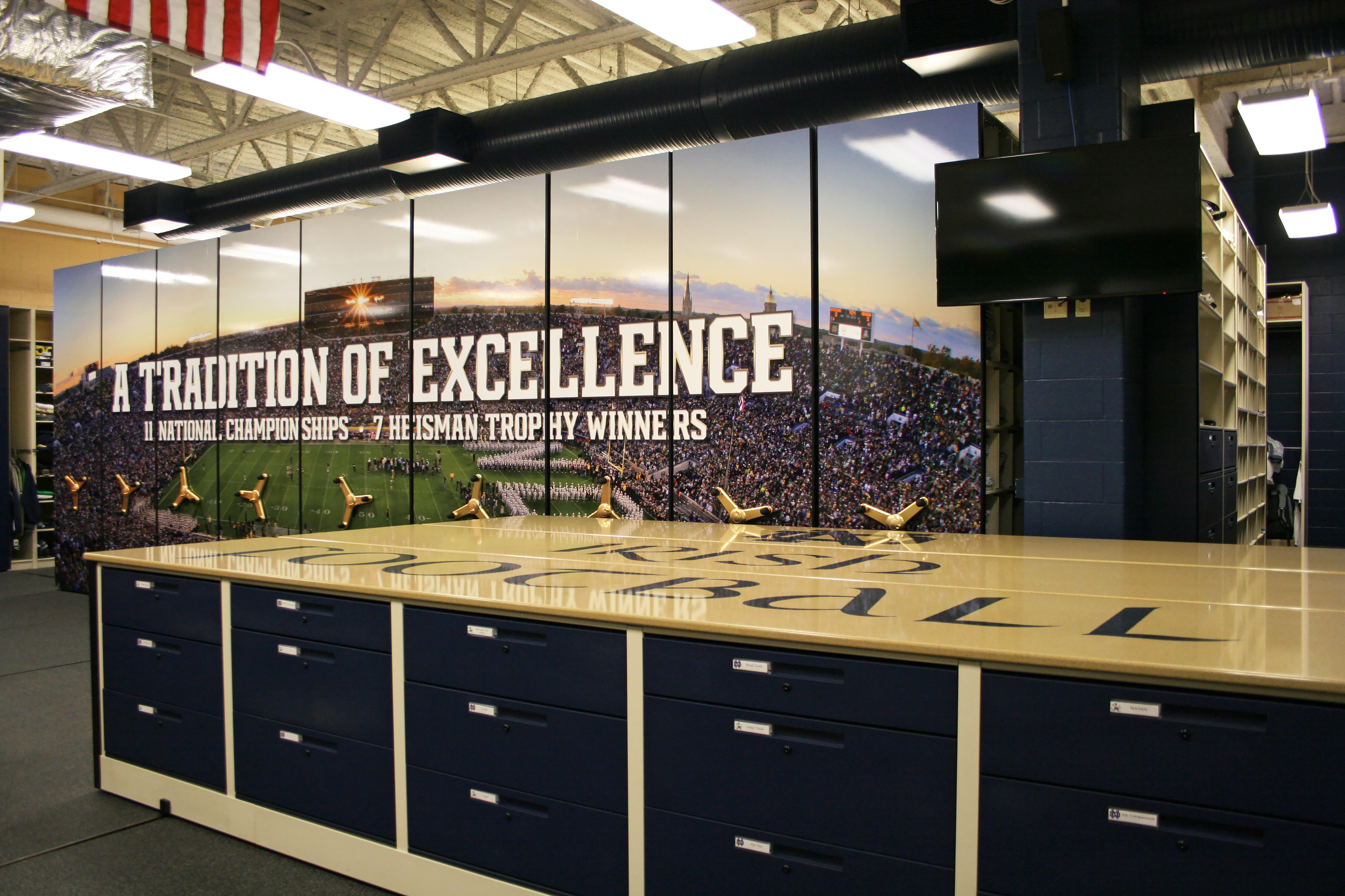 Custom Graphics University of Notre Dame Football Equipment Storage Room