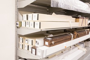 Cantilever shelving in museum storage area.