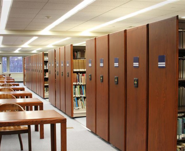 Compact shelving at Salve Regina Library