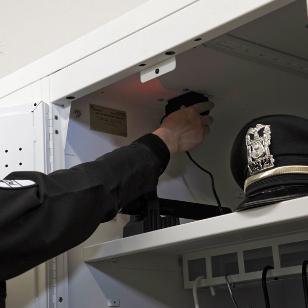 Electrical plug-n-play charging station inside personal police locker